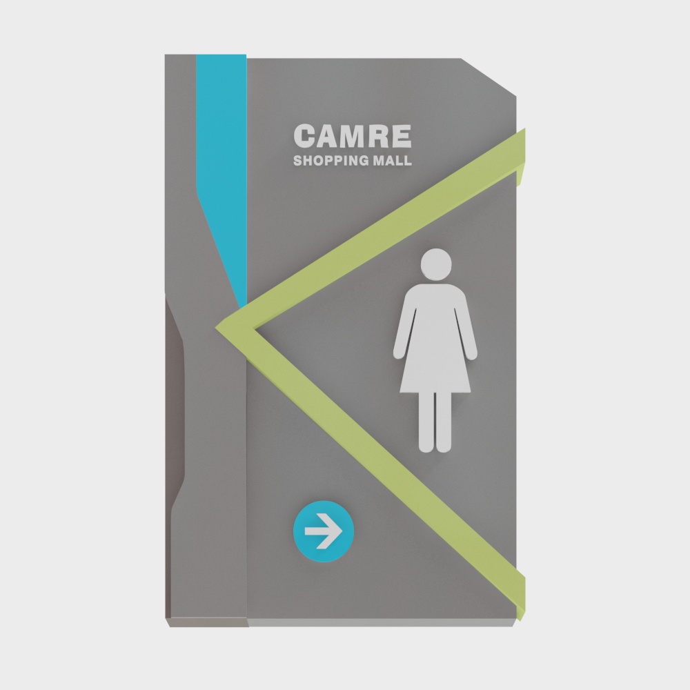 Grey shopping mall restroom sign with white female symbol and blue arrow on grey background