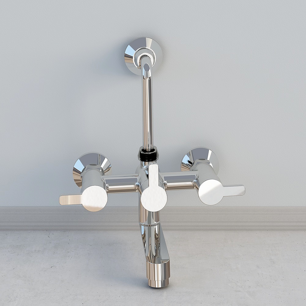 Modern chrome wall mounted faucet with three handles and black detail on white background