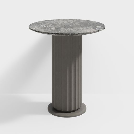 Modern round table with grey marble top and fluted dark grey base on white background