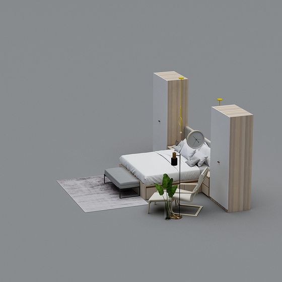 Modern bedroom set with bed, two tall cabinets, grey footrest, and white chair on grey background