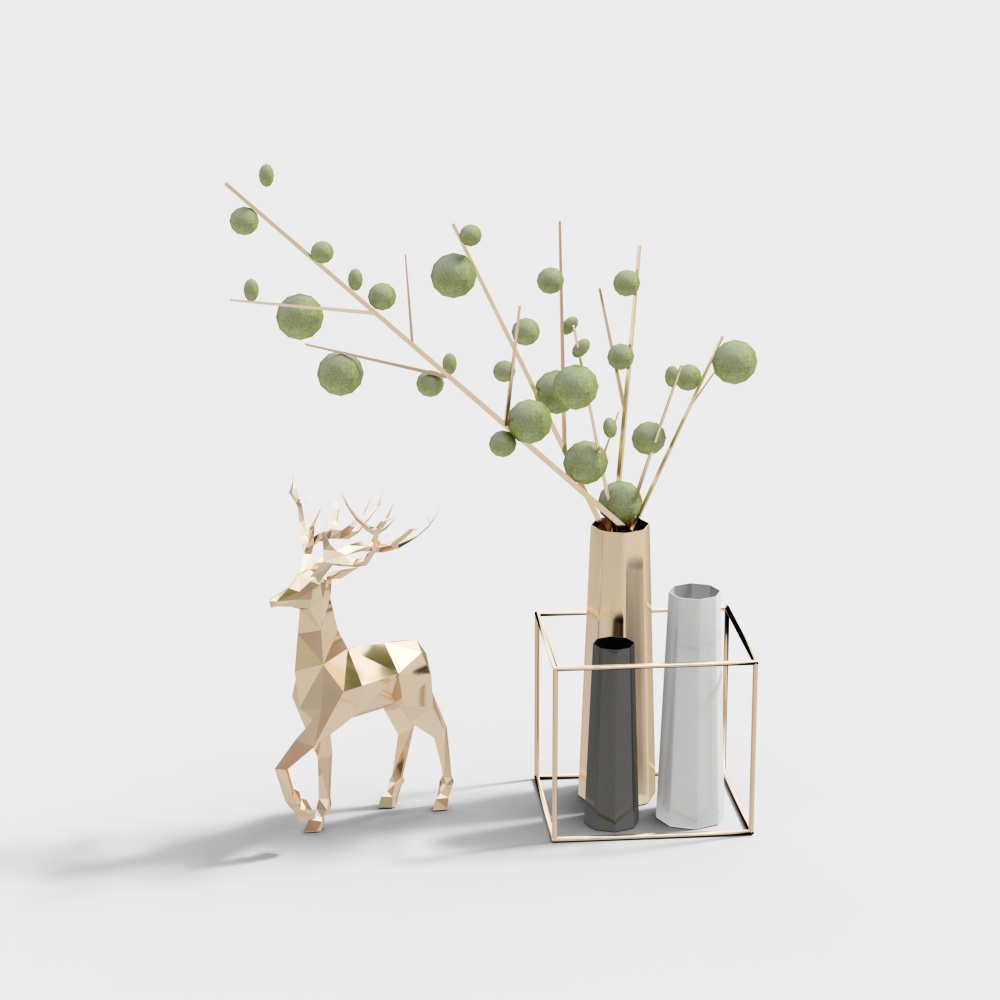 Gold deer statue and three vases with green branches on white background