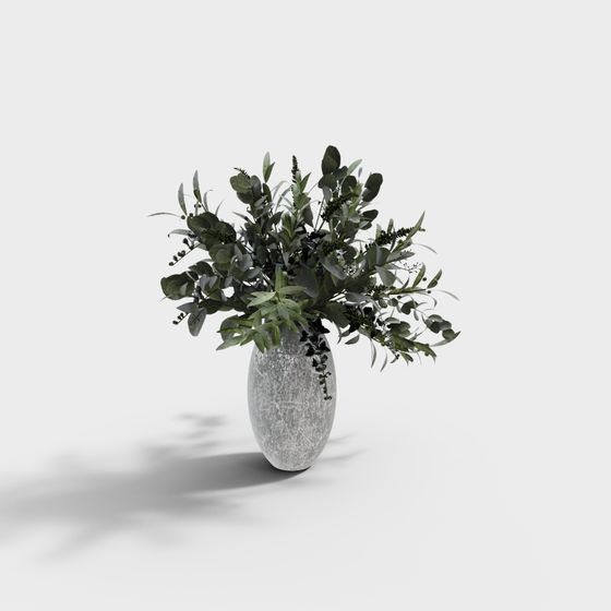 Elegant Green Plant in Grey Stone Vase 3D Model