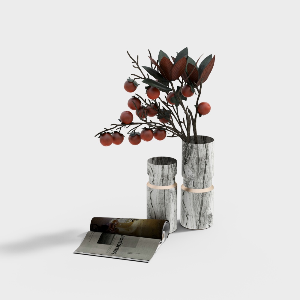 Marble Vase with Twigs – Elegant Marble and Metal 3D Model