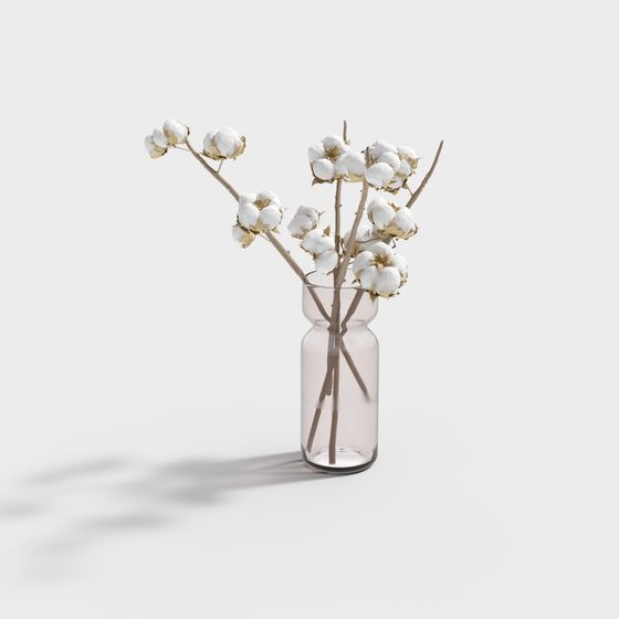Low-Poly Cotton Branch in Glass Vase 3D model