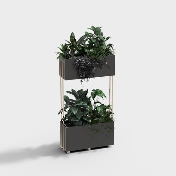Modern two tier planter with grey boxes gold legs and green plants on white background