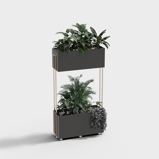 Modern dark grey double tier planter with gold legs and green plants on white background