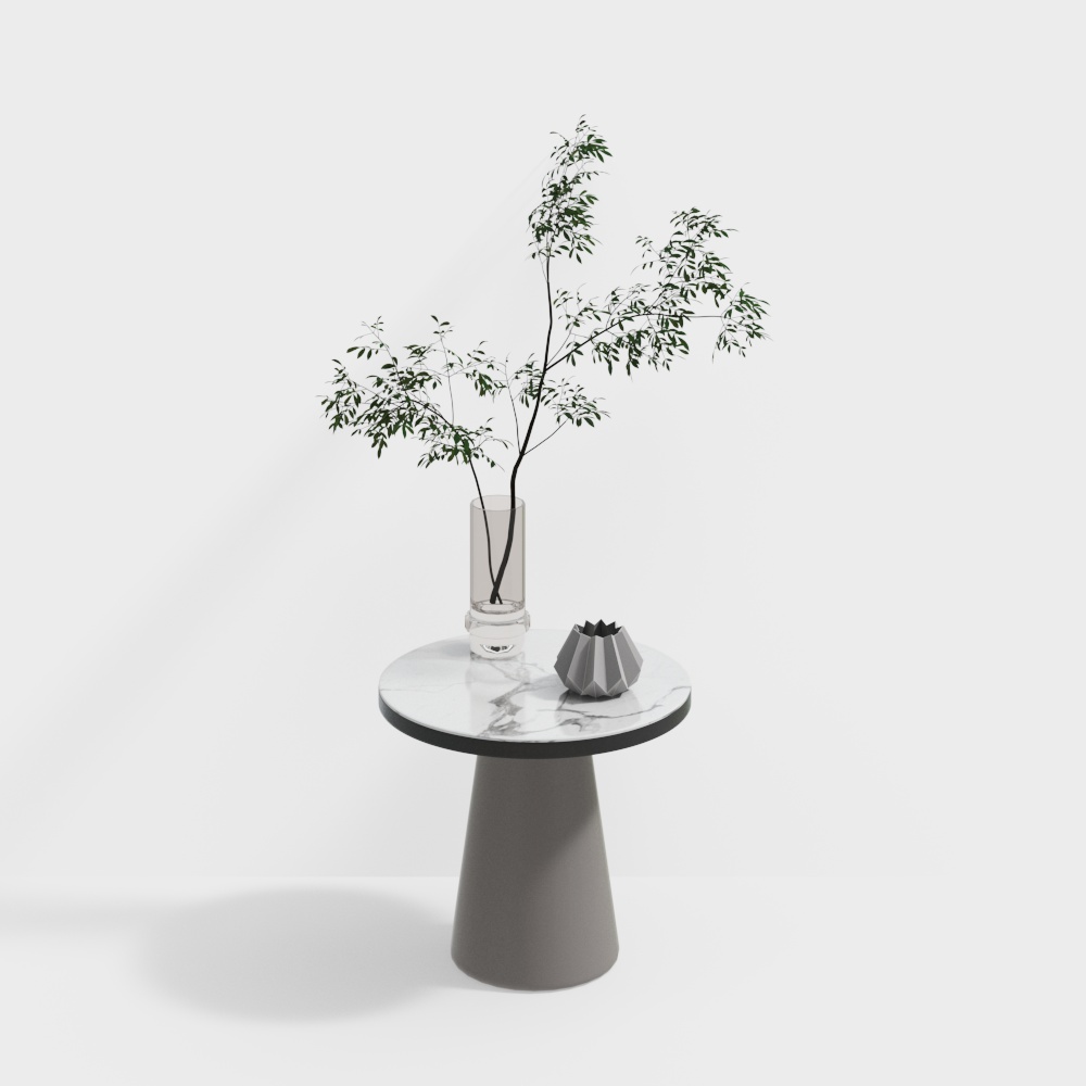 โต๊ะข้างเตียงพร้อมต้นไม้สีเขียว