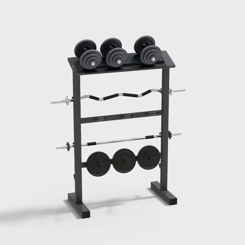 Dumbbell Rack 3D Model – Low-Poly Black Metal Design
