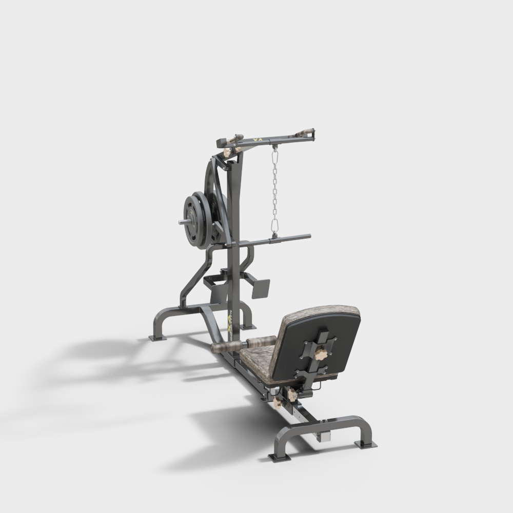 Gym black metal rowing machine with grey seat and chain on white background