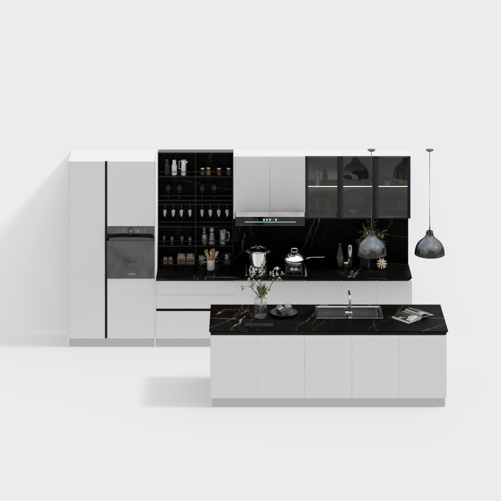 Modern Minimalist Kitchen 3D Model – Sleek White & Marble