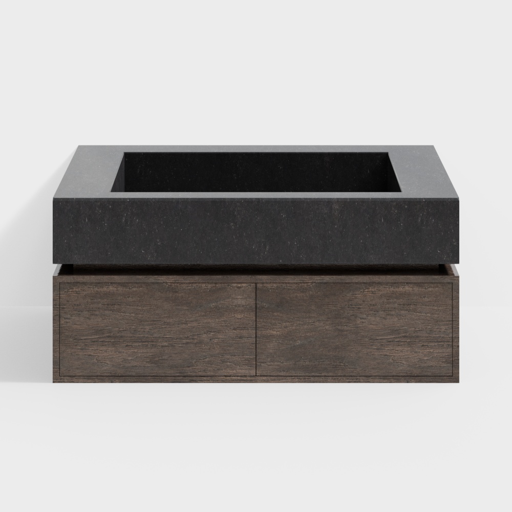 Modern bathroom vanity with black stone sink and dark wood cabinet on white background
