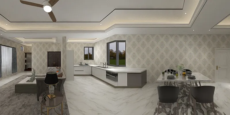 Interior design drawing of open kitchen with white cabinets dining table chairs and ceiling light