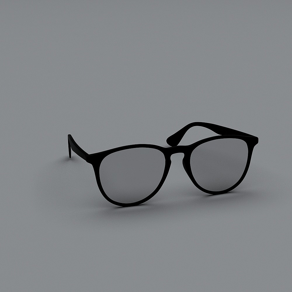 Modern black plastic sunglasses with grey tinted lenses on grey background