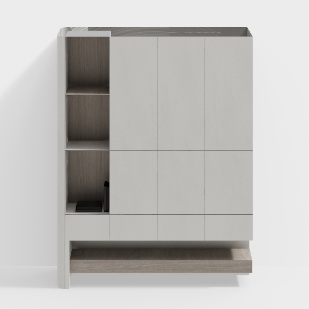 Modern white cabinet with open shelves and wood accents on white background