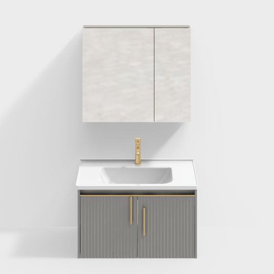 Modern grey bathroom vanity cabinet with gold handles and white sink on white background