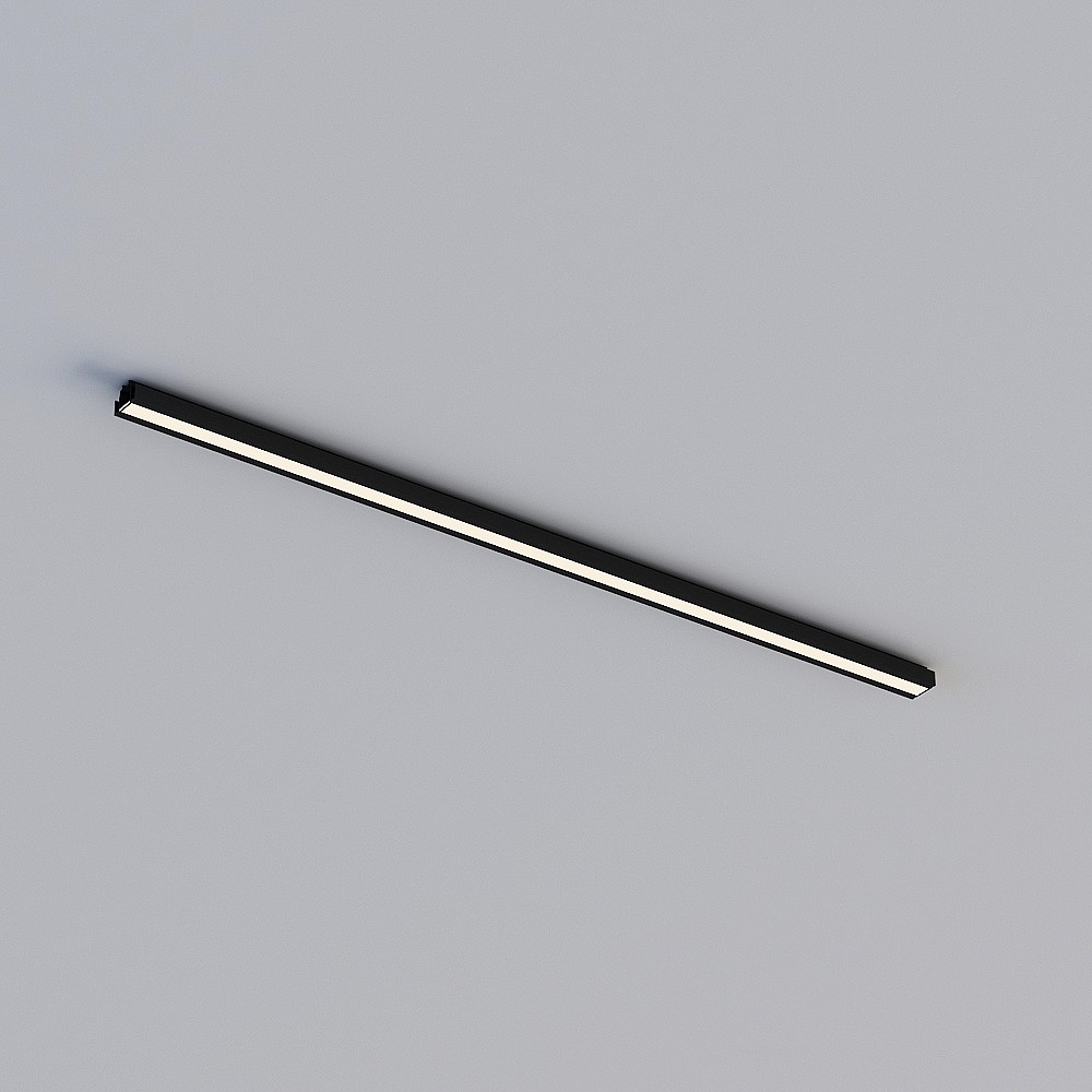 Modern black metal ceiling light with long white strip on grey background