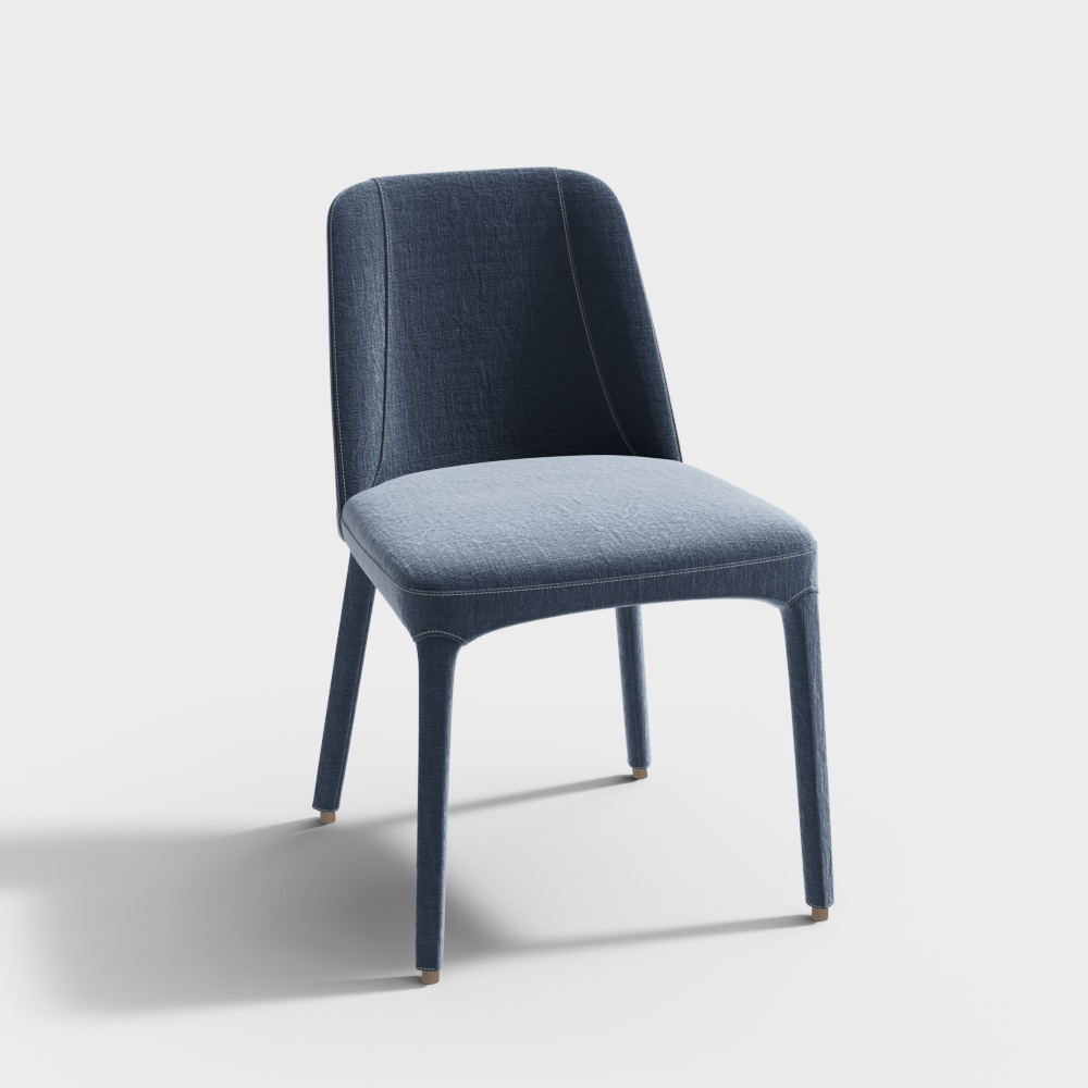 Modern blue fabric dining chair with four legs and small feet on white background