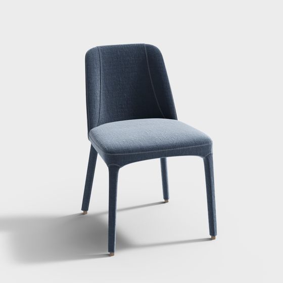 Modern blue fabric dining chair with four legs and small feet on white background