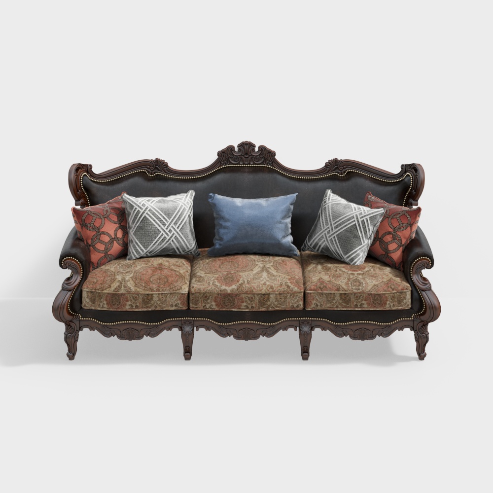 Victorian Elegance Sofa 3D Model – Carved Wood & Leather