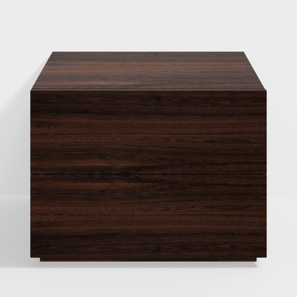 Modern dark brown wooden cabinet with two drawers and no handles on white background