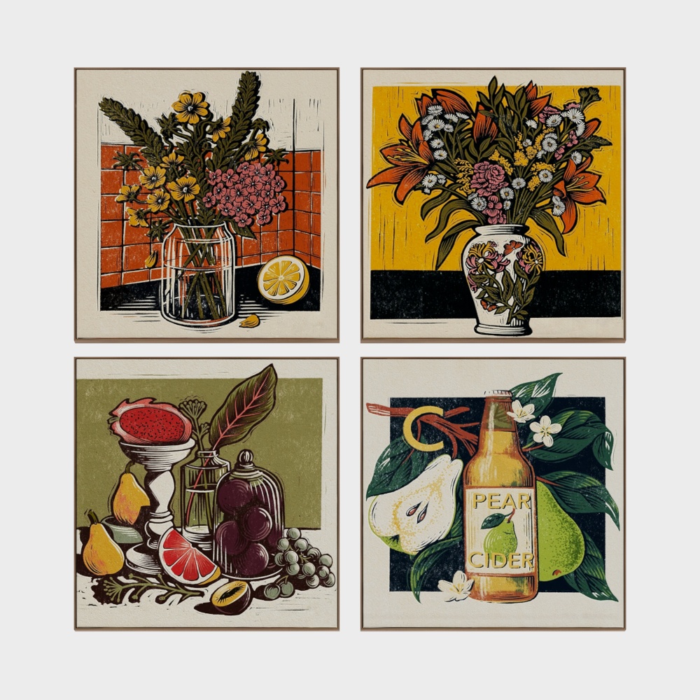 Four framed vintage style art prints with fruit and flowers on light grey background