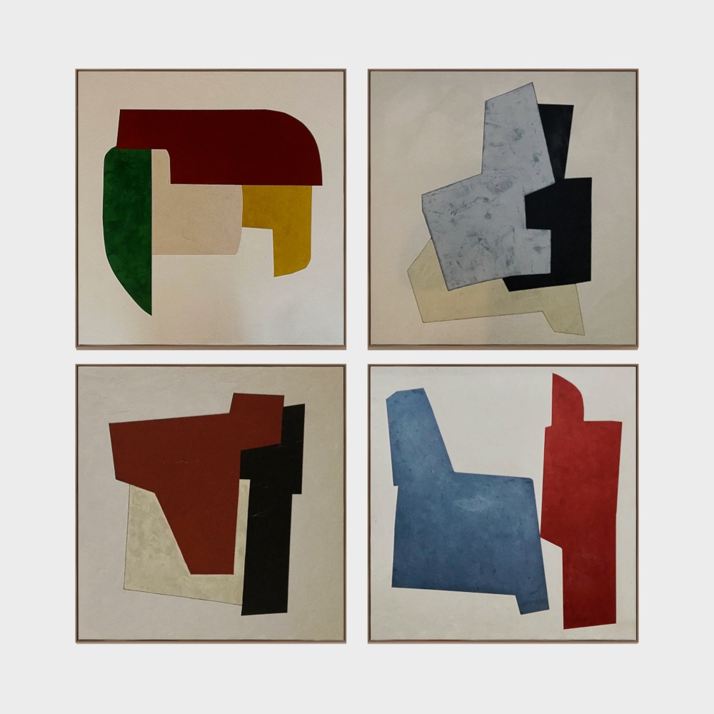 Four framed abstract art pieces with geometric shapes on white background