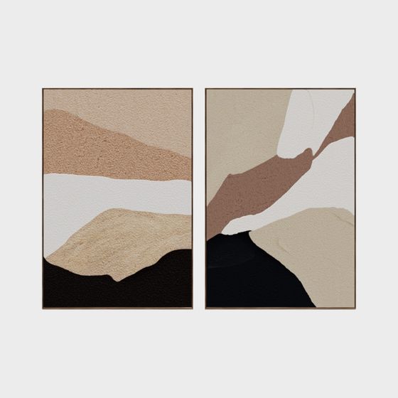 Two abstract textured art prints with beige brown white and black shapes on grey background