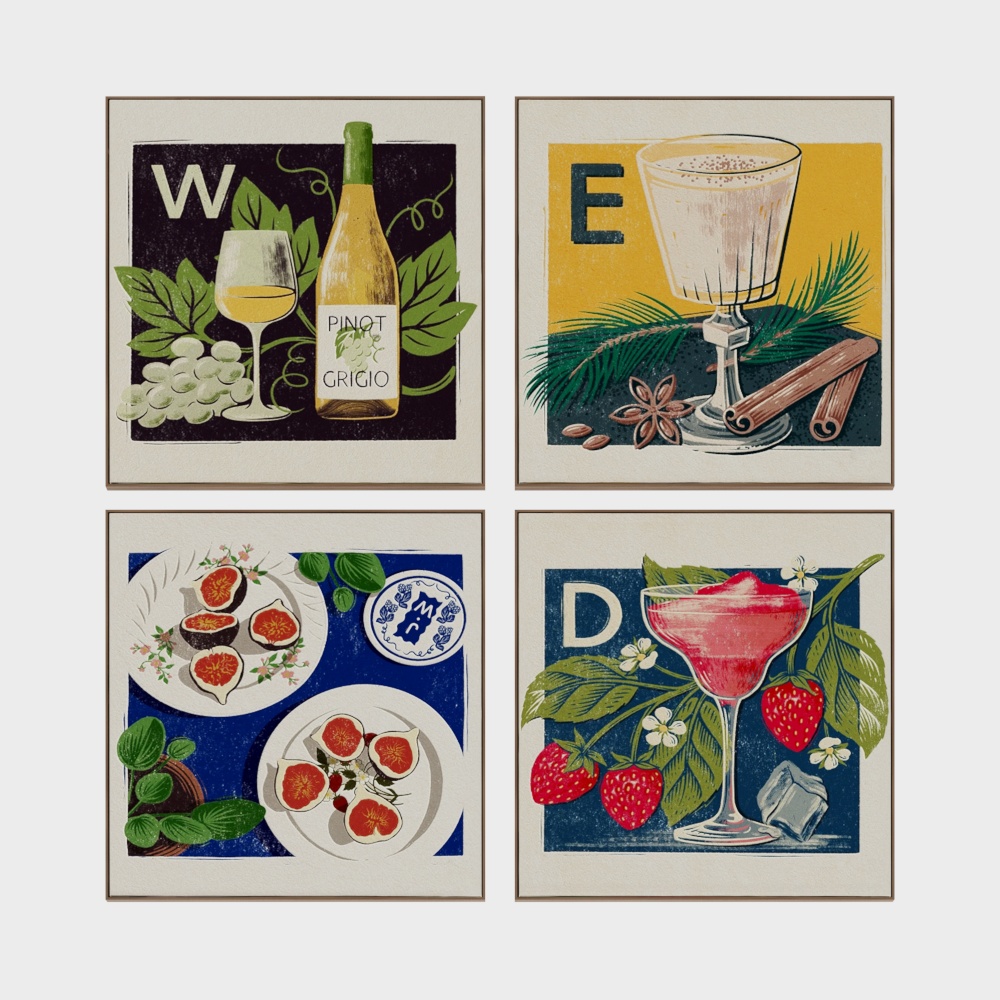 Set of four framed vintage art prints featuring wine, cocktails, and fruit on white background