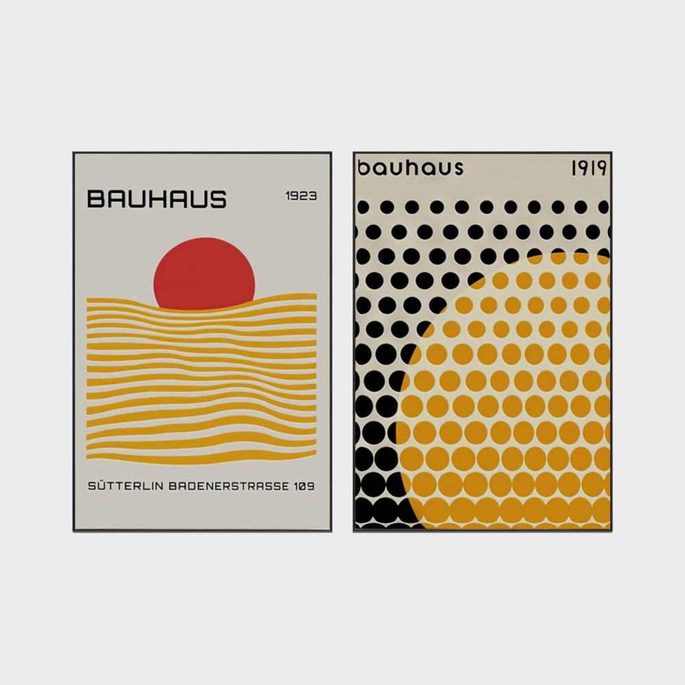 Two Bauhaus style posters with geometric shapes and bold text on grey background