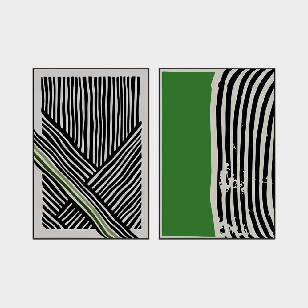 Two framed abstract art prints with black stripes and green accents on grey background