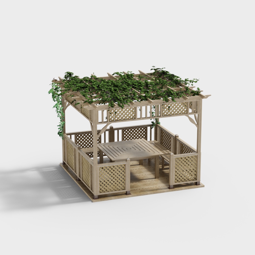 Low-Poly Pavilion 3D Model – Wooden Structure with Vines