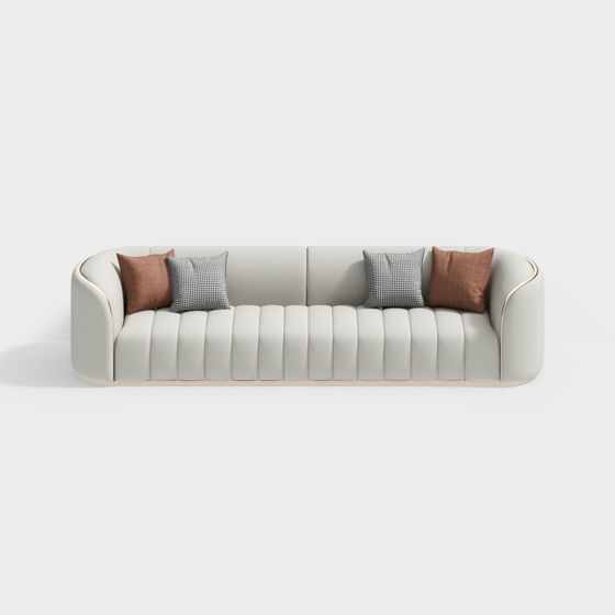 Modern curved white leather sofa with four pillows and gold trim on white background