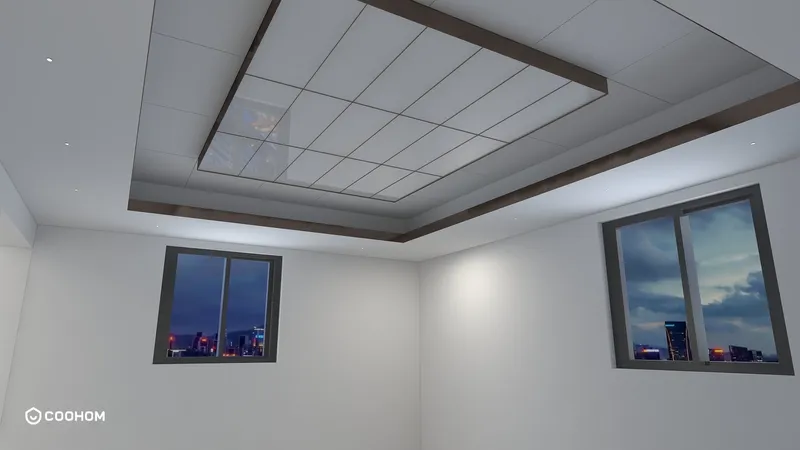 Empty white room with two windows showing night city view and large square modern light