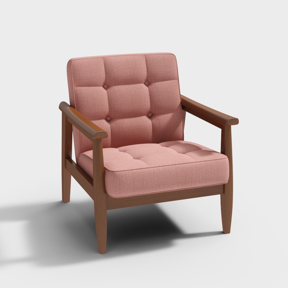 Modern pink fabric armchair with brown wooden frame and button tufted cushions on white background