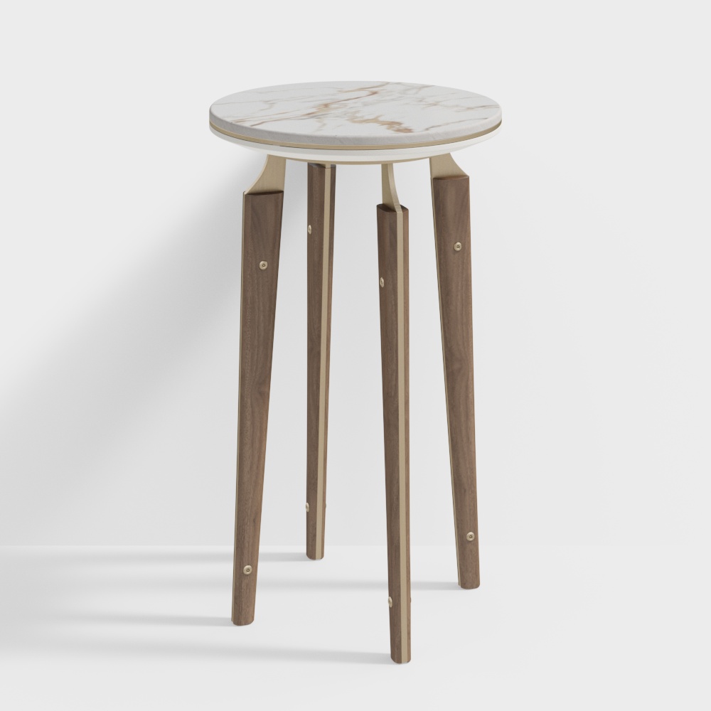 Modern round side table with white marble top and brown wooden legs on white background
