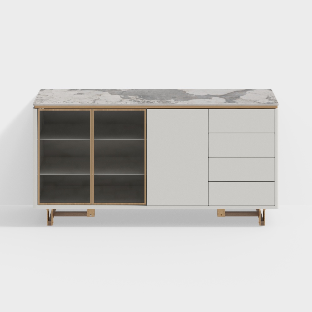 Minimalist TV Cabinet 3D Model – Marble & Metal Design
