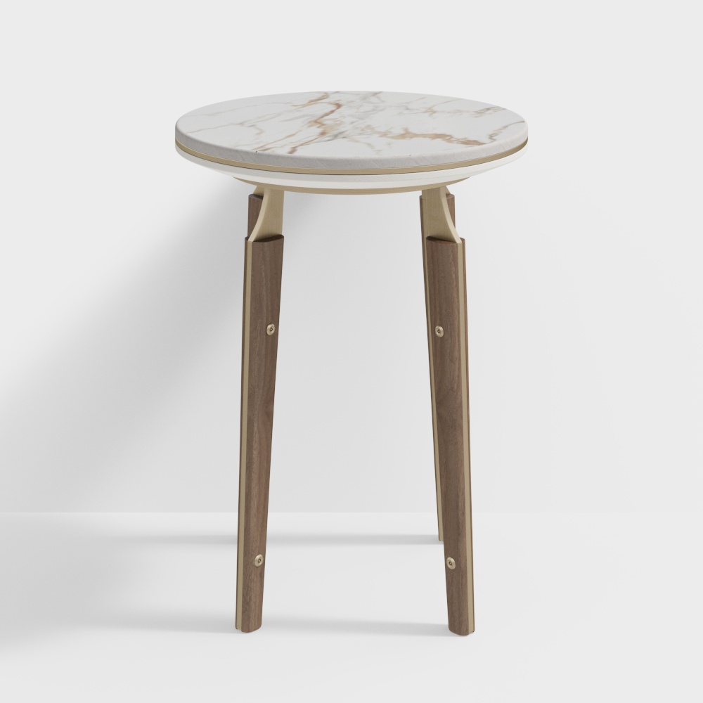 Modern round side table with white marble top and wooden legs on grey background