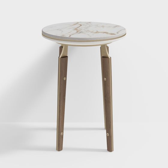 Modern round side table with white marble top and wooden legs on grey background