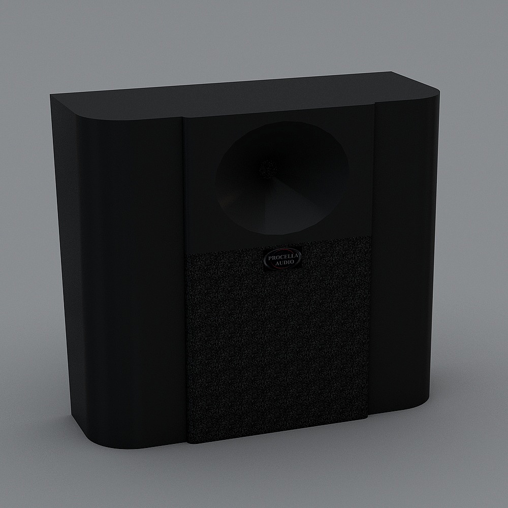 Black rectangular speaker with textured front panel and round horn on grey background