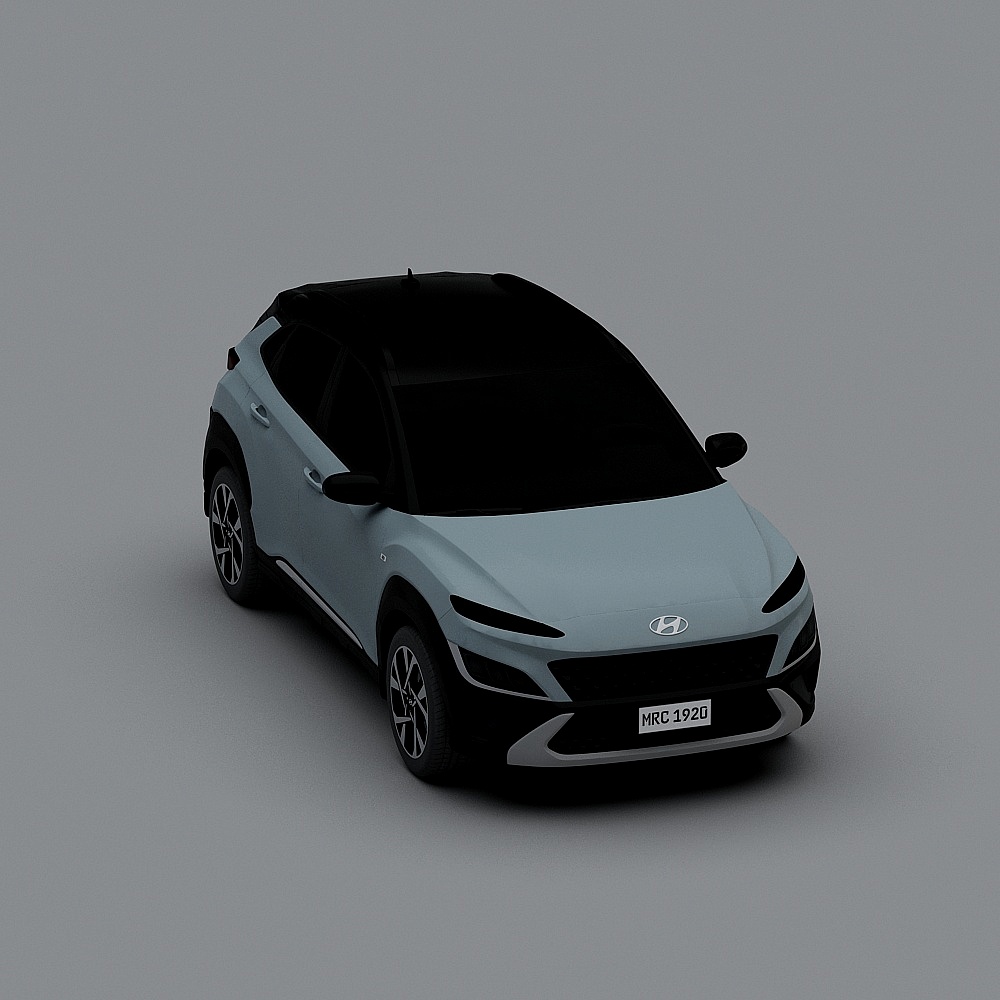 Light blue Hyundai Kona with black roof and wheels on grey background