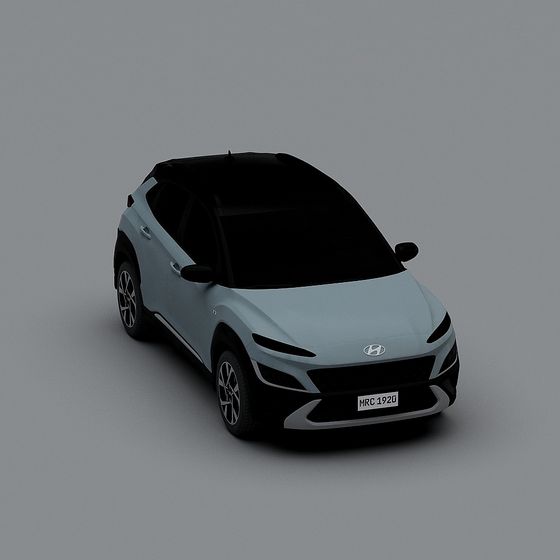 Light blue Hyundai Kona with black roof and wheels on grey background