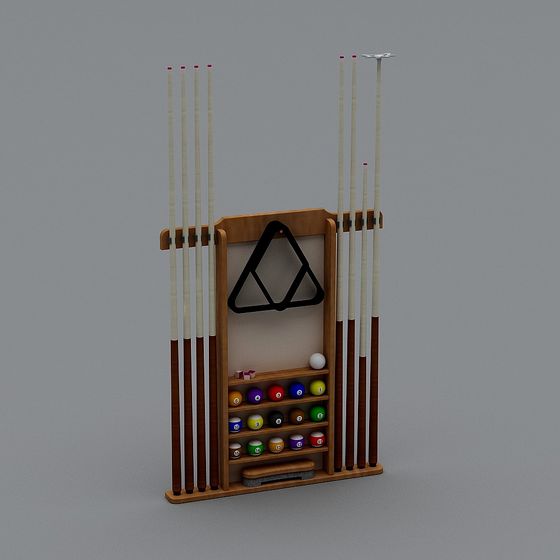 Wooden billiard cue rack with colorful balls and black triangle on grey background