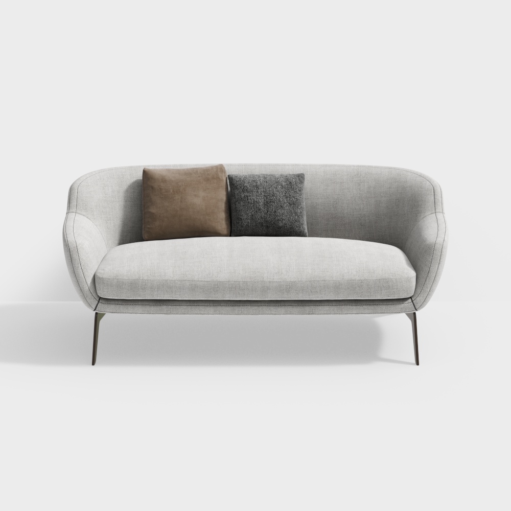 Modern light grey fabric sofa with two pillows and thin metal legs on white background