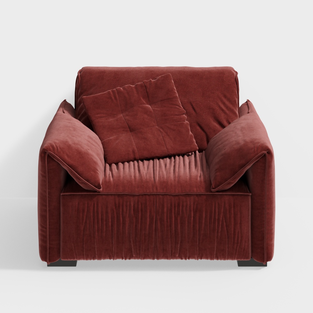 Modern dark red velvet armchair with tufted cushion and black legs on white background