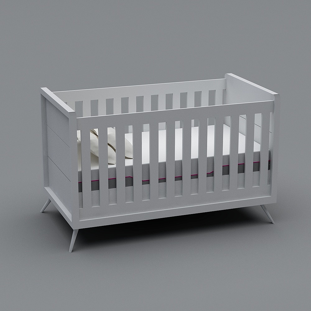 Modern white wooden baby crib with slat sides and tapered legs on grey background