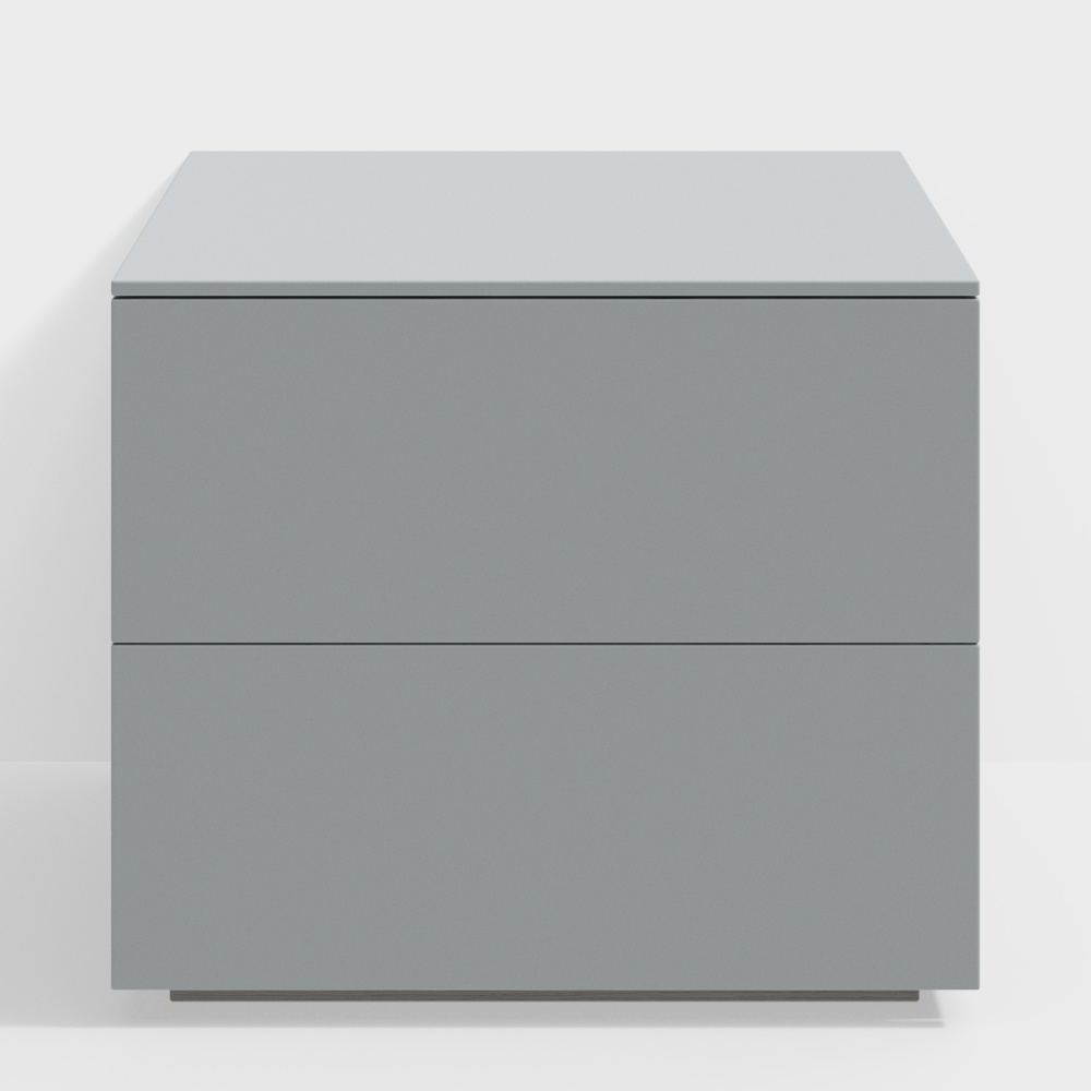 Modern grey bedside table with two drawers and flat top on white background