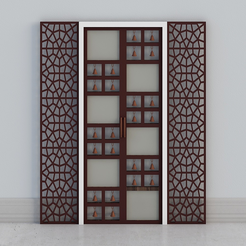 Dark brown wooden sliding door with geometric panels and bells on white background
