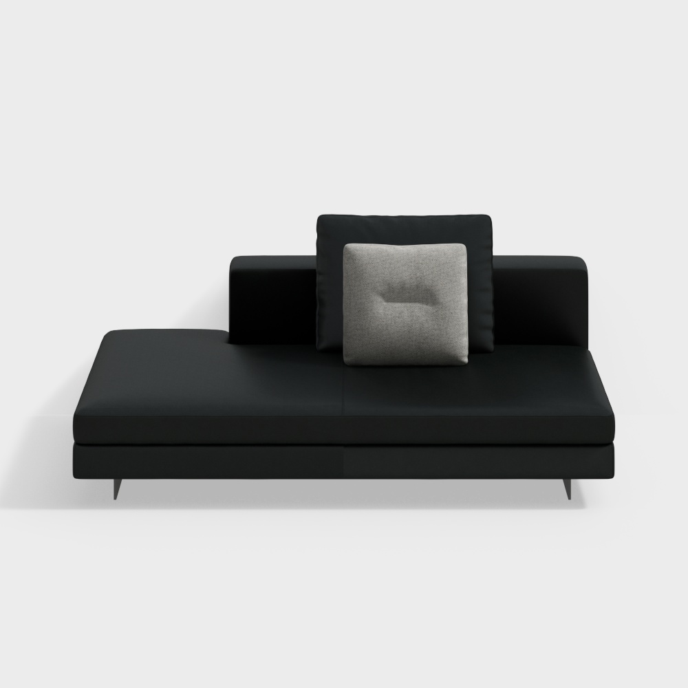 Modern black leather sofa with grey pillow and metal legs on white background