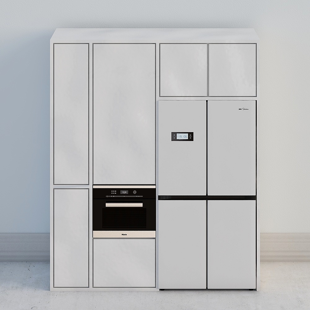 Modern white kitchen cabinet unit with built in black oven and refrigerator on grey background