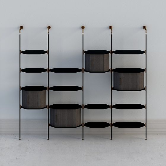 Modern black metal shelving unit with grey cabinets and gold accents on white background